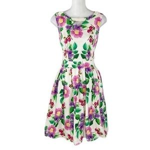 Miss Lulo Vintage Retro Inspired beige floral print keyhole pocketed flare dress